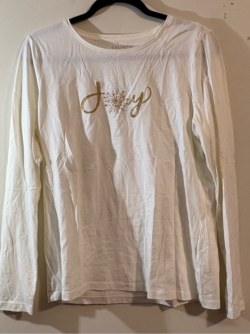 Talbots cream Joy Long Sleeve T-shirt Women's medium Top Gold Script w/studs